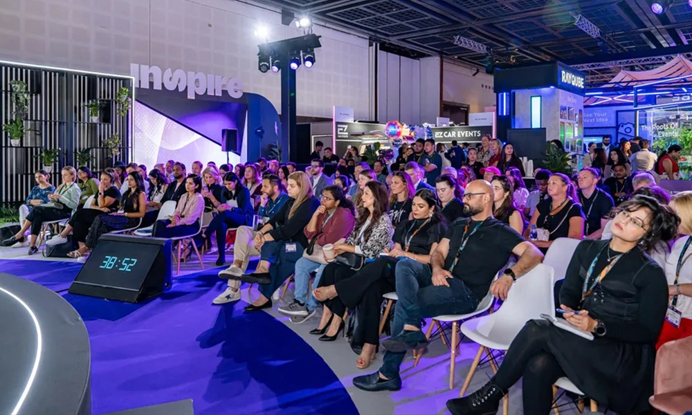 Crowded Day One exhibition floor at the Middle East Event Show 2026, Sheikh Maktoum Hall, Dubai World Trade Centre