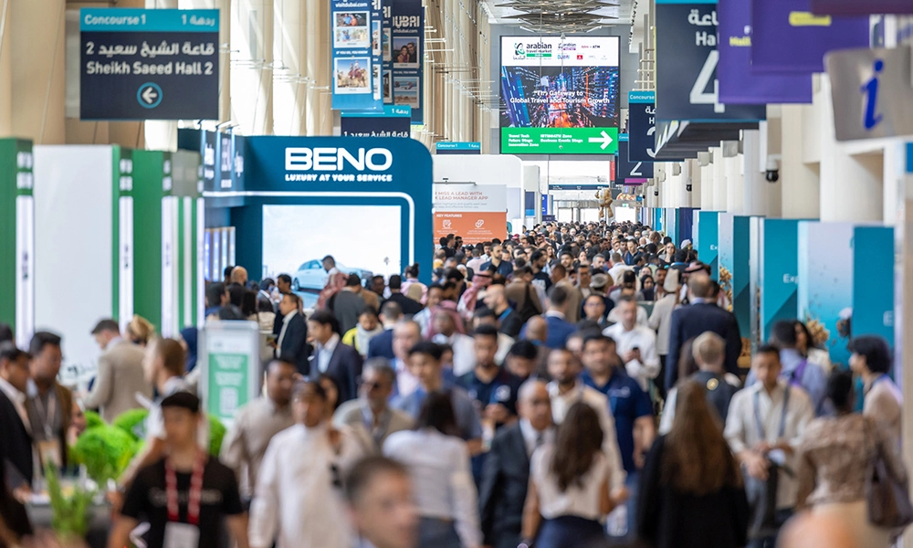 Exhibition floor and pavilions at Arabian Travel Market 2026, Dubai World Trade Centre